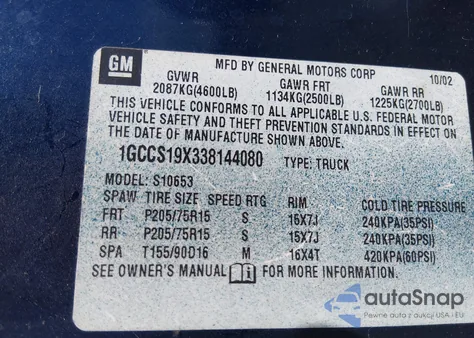 2003 Chevrolet S-10 from USA, damaged, VIN 1GCCS19X338144080